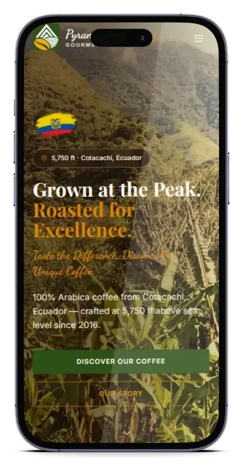 La portada del sitio de Pyramid Valley en un teléfono, con el titular y el botón «Discover our coffee»